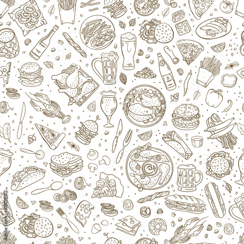 Beer and pub food vector pattern. Hand drawn doodle food
