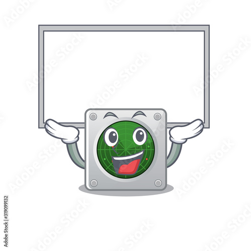 A mascot picture of radar raised up board