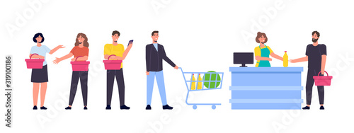 People in line store concept. Waiting in queue. Online shopping. Vector illustration flat design style.