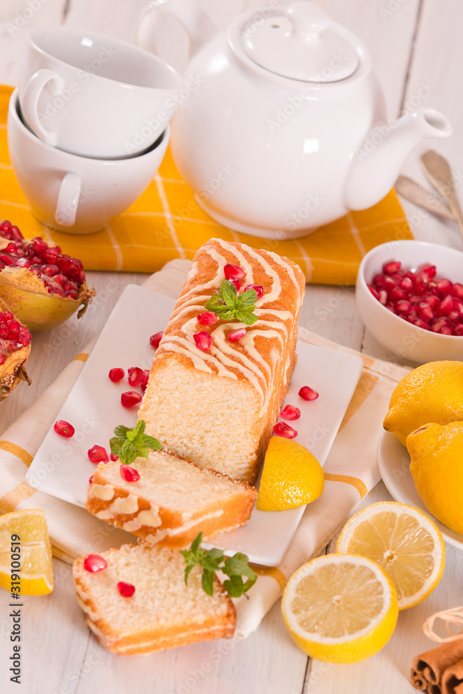 Lemon sponge cake with pomegranate. Lemon sponge cake with pomegranate.