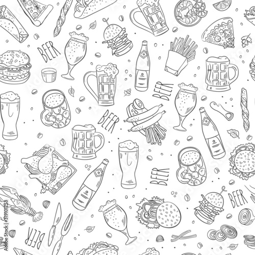 Beer and pub food vector pattern. Hand drawn doodle food