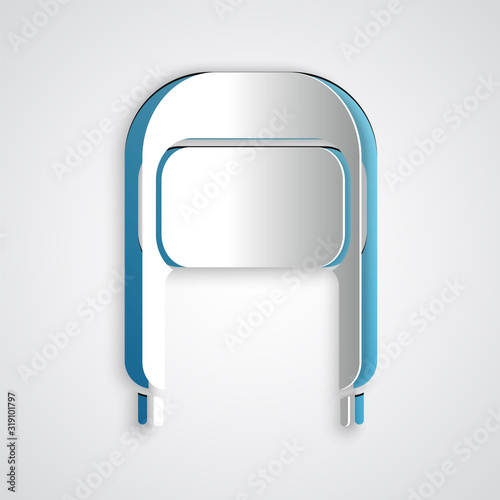 Paper cut Winter hat with ear flaps icon isolated on grey background. Paper art style. Vector Illustration