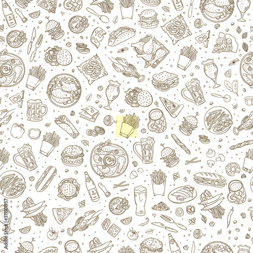 Beer and pub food vector pattern. Hand drawn doodle food