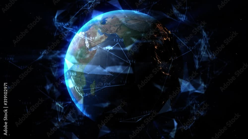 Big data 3d Earth in space. Network surrounding planet earth rotating. Blue points connect to lines in Digital Clouds Earth rotating animation social future technology. 4k UHD 3840x2160. Big data 3d Earth in space. Network surrounding planet earth rotating. Blue points connect to lines in Digital Clouds Earth rotating animation social future technology. 4k UHD 3840x2160.