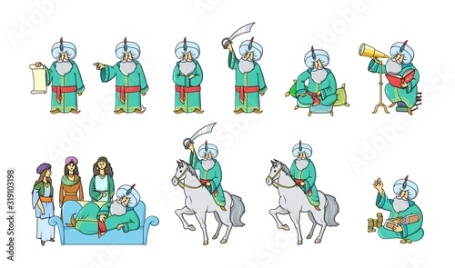 Fairytale Sultan dressed in green robe and turban in various poses, set of cartoon characters. Flat vector illustration, isolated on white background.