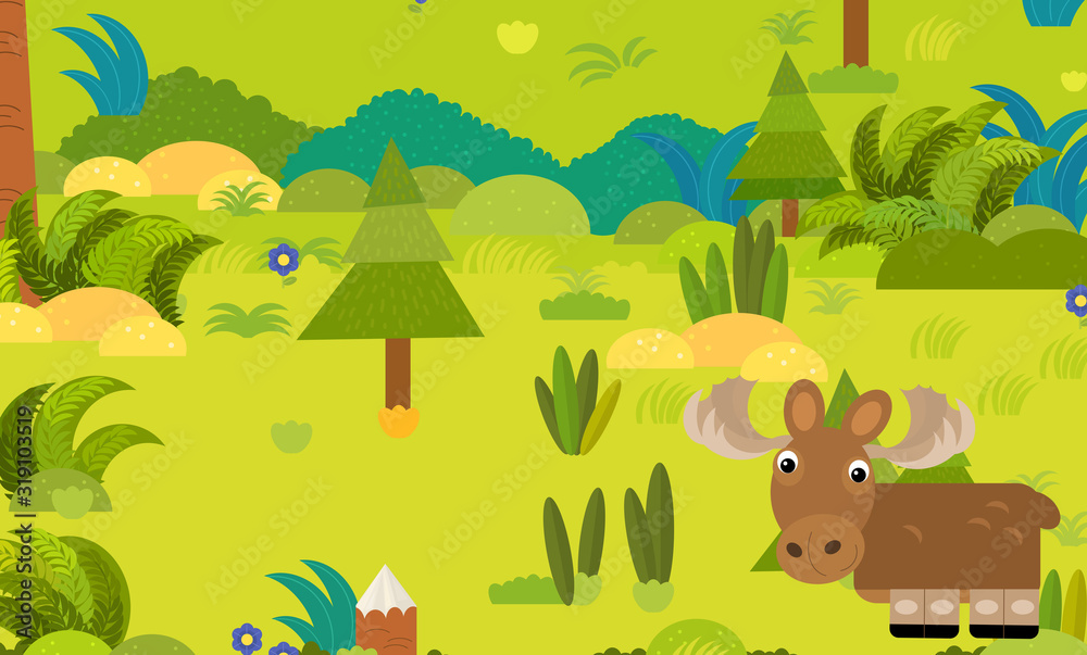 Obraz premium cartoon forest scene with wild animal moose elk illustration