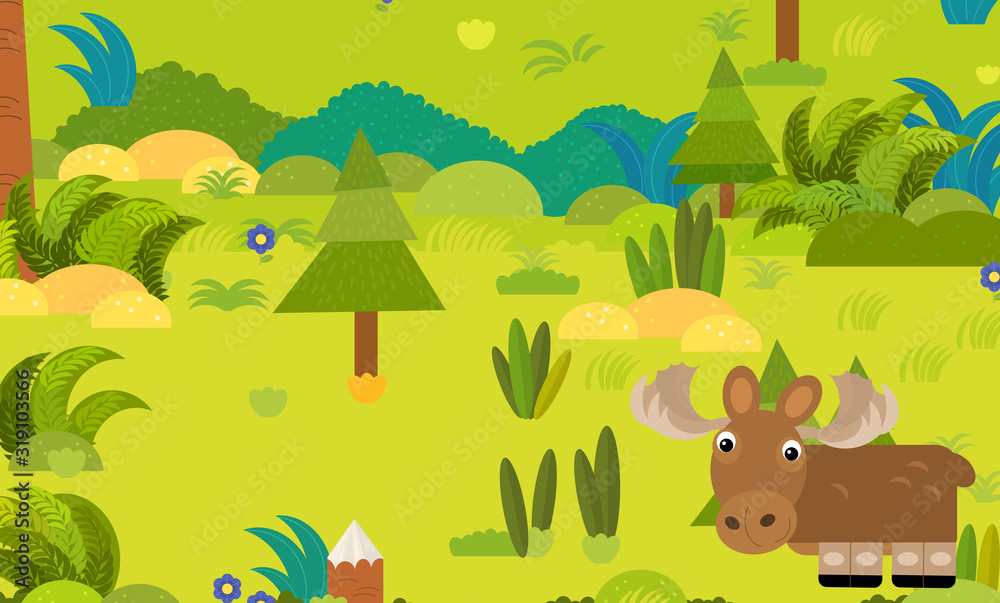 Obraz premium cartoon forest scene with wild animal moose elk illustration