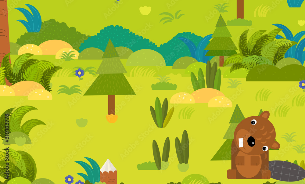 cartoon forest scene with wild animal beaver illustration cartoon forest scene with wild animal beaver illustration