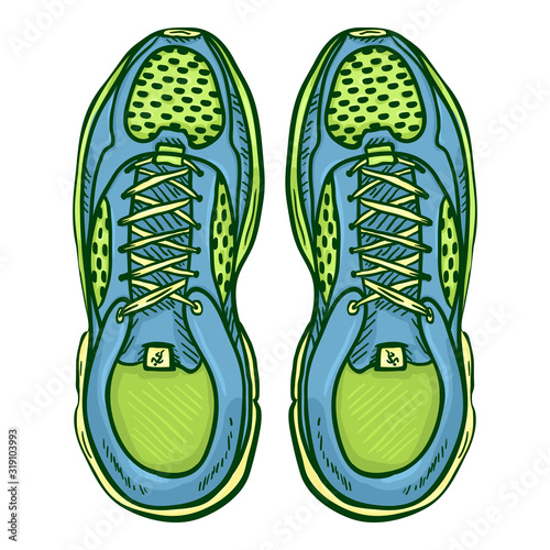 Vector Cartoon Green and Blue Running Shoes.