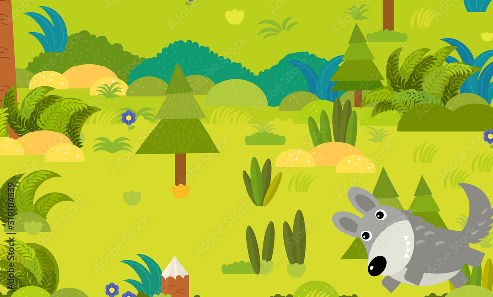 cartoon forest scene with wild animal wolf illustration