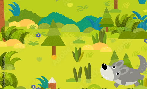 cartoon forest scene with wild animal wolf illustration