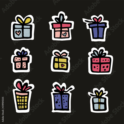 Set of icon gift box in simple free hand drawing style. Collection of colorful symbol of  presnt. Bright box in outline style isolated on black background. Stiker set. Design party pictogram.