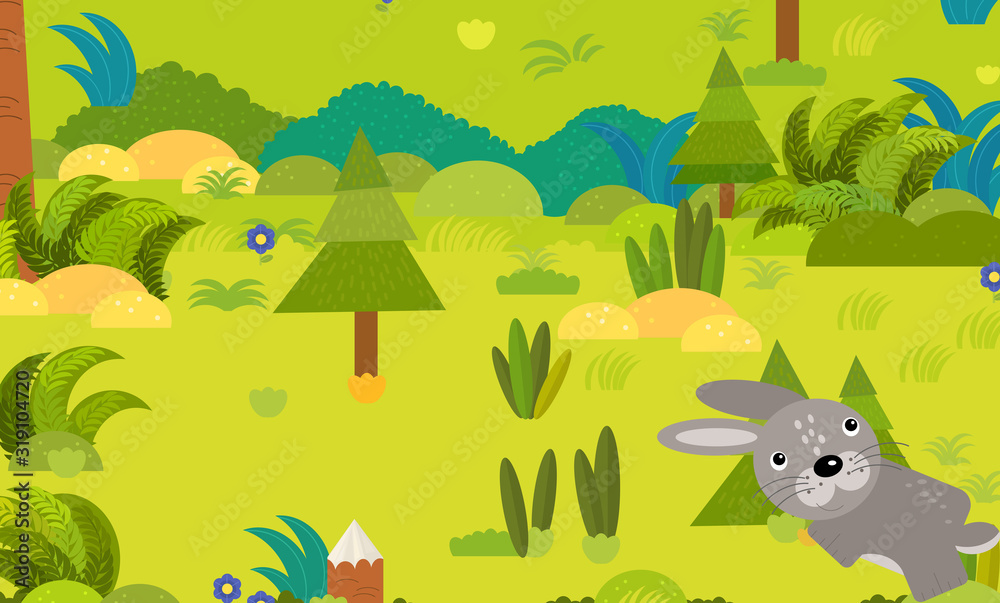 cartoon forest scene with wild animal rabbit hare illustration