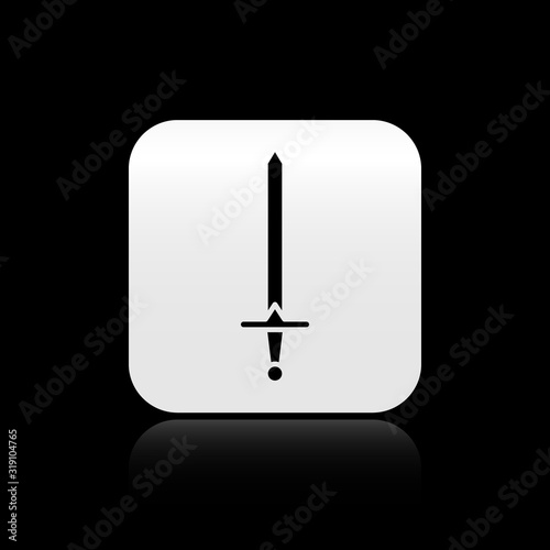 Black Medieval sword icon isolated on black background. Medieval weapon. Silver square button. Vector Illustration