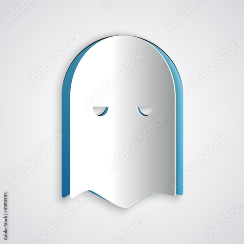 Paper cut Executioner mask icon isolated on grey background. Hangman, torturer, executor, tormentor, butcher, headsman icon. Paper art style. Vector Illustration