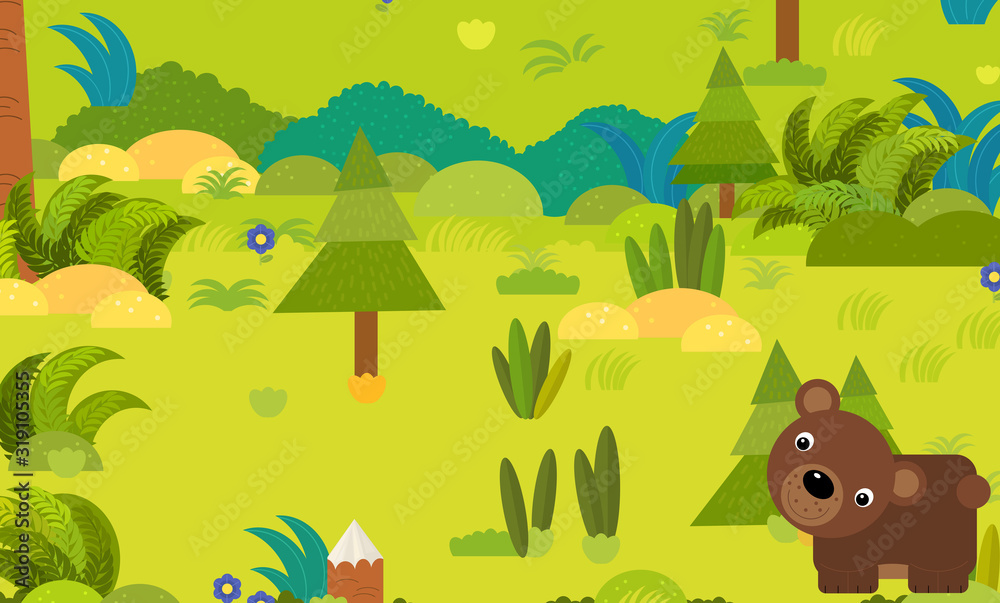 Obraz premium cartoon forest scene with wild animal bear illustration