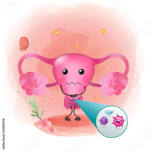 Human uterus anatomy Infection in the vagina. Internal organ concept. Vector modern style cartoon character. White and blue background for web and medical apps. Vector illustration.