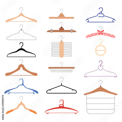 Set of different clothes hangers. Wooden and plastic holders for different types of clothes