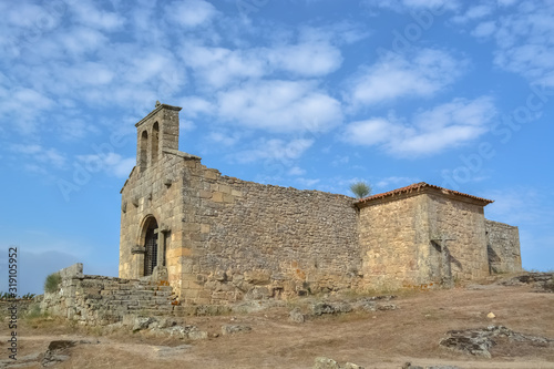 View of a religious church ruins, medieval village inside fortress castle of Castelo Mendo