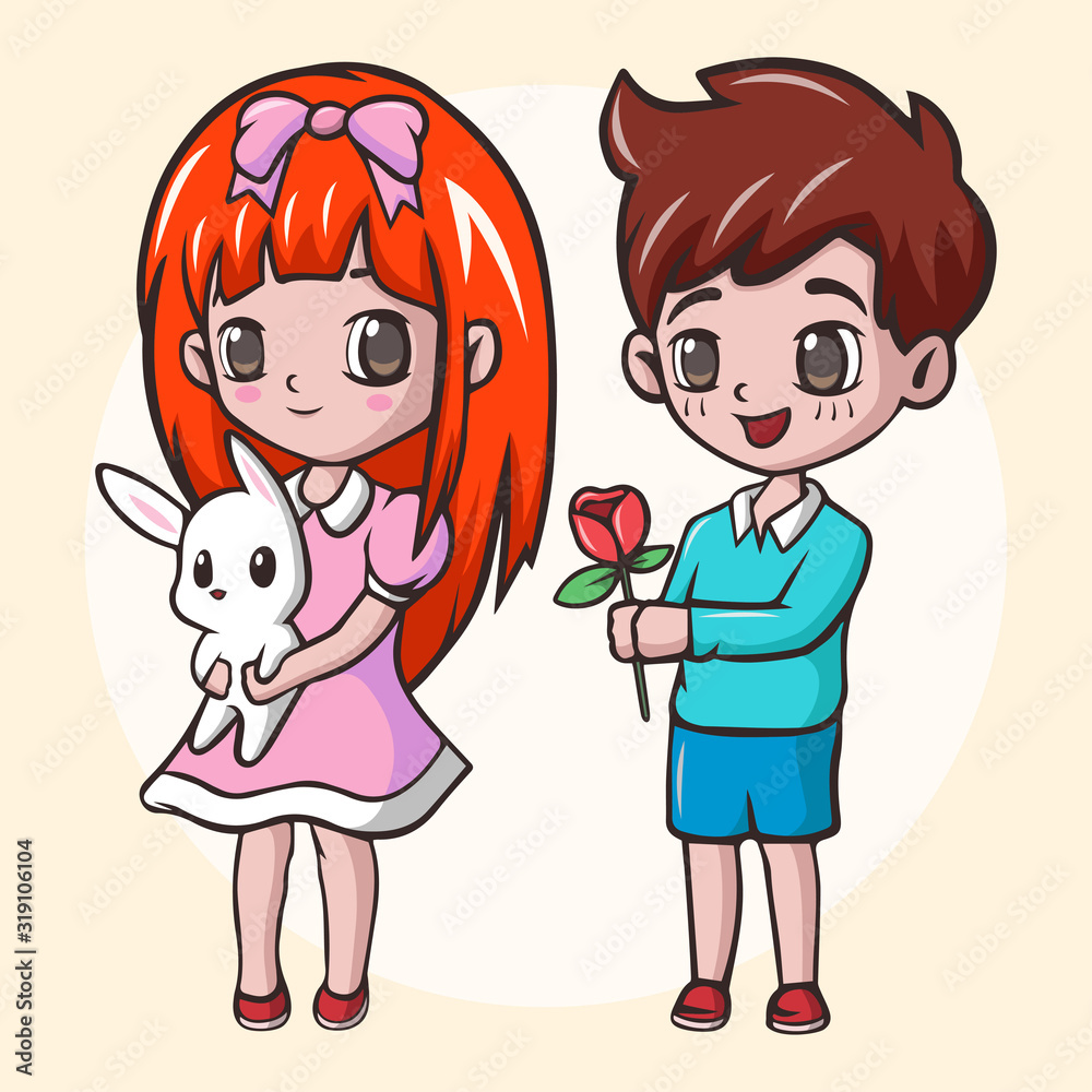Romantic boy giving a flower to his girl. Cute girl holding white rabbit Romantic boy giving a flower to his girl. Cute girl holding white rabbit
