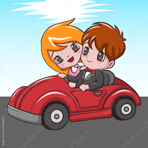 Cute happy wedding couples riding red car