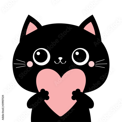 Black cat kitten kitty head face holding big pink heart. Happy Valentines Day. Cute cartoon kawaii funny animal character. Flat design. Love card. White background. Isolated.
