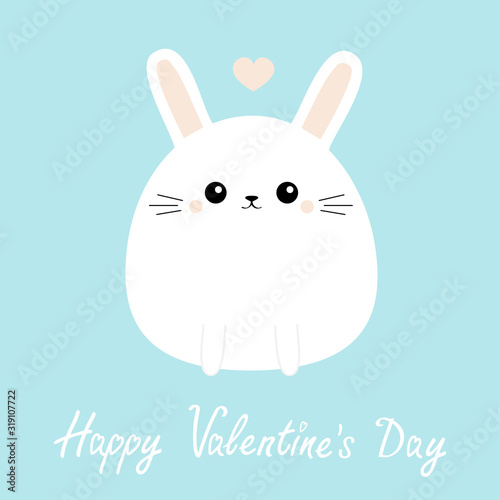 Happy Valentines Day. White bunny rabbit icon. Funny head face. Cute kawaii cartoon round character. Pink heart. Baby greeting card template. Blue background. Flat design.