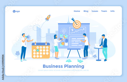 Business planning, teamwork, management, organization control, success strategy. People work together making a plan on a board, mark tasks, track execution of tasks. landing web page design template 