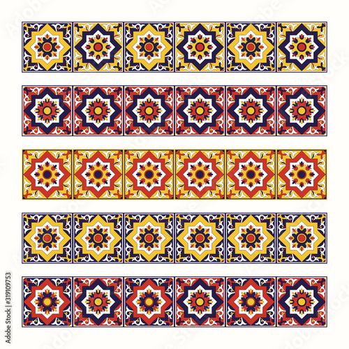Tile border pattern vector seamless. Blue, yellow and red mosaic ornament texture. Portuguese azulejos, sicily italian majolica, mexican talavera, spanish, moroccan arabesque motifs.