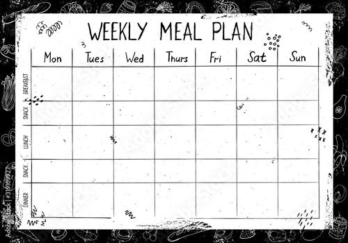 Cute A4 template for weekly and daily food planner with lettering and doodle drawings of food, on black background with chalk board effect and scuffs.