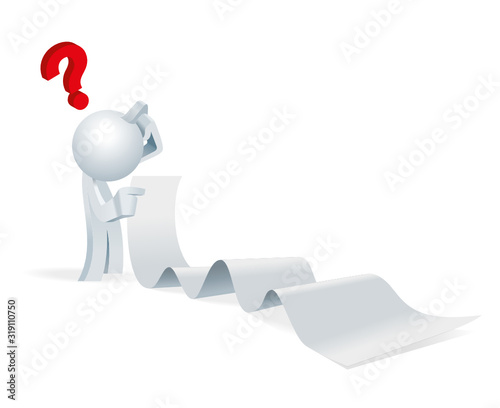 Cute little white Simplified man looking at a long list don't know what to do