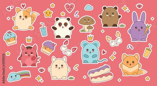 Kawaii animals patch face vector. Anime sticker with doodle art.