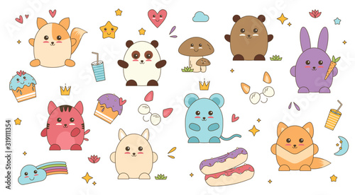 Kawaii animals patch face vector. Anime sticker with doodle art.