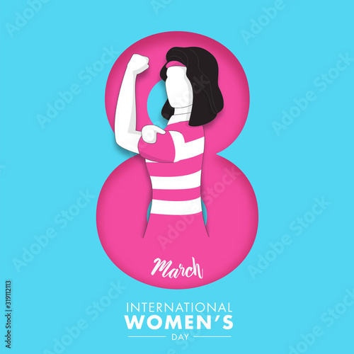 Paper Cut 8 Number of March with Faceless Stronger Woman on Blue Background for International Women's Day.
