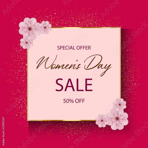 International Women's Day on March 8 sale banner, poster  with pink flowers, gold text and frame on isolated crimson background