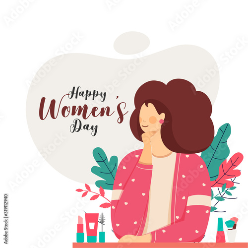 Happy Women's Day Font with Cartoon Young Girl, Makeup Items and Leaves on White Background.