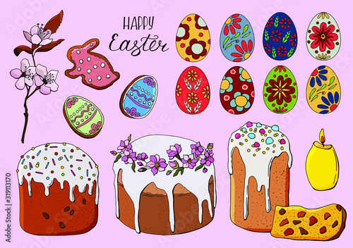 Big easter set. Lettering, Easter cakes, candle, painted eggs, gingerbread cookie, a sprig of blooming sakura. Stock illustration.