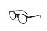 Unisex glasses with black plastic frames. With diopters for reading. Health, vision. Stylish accessories.