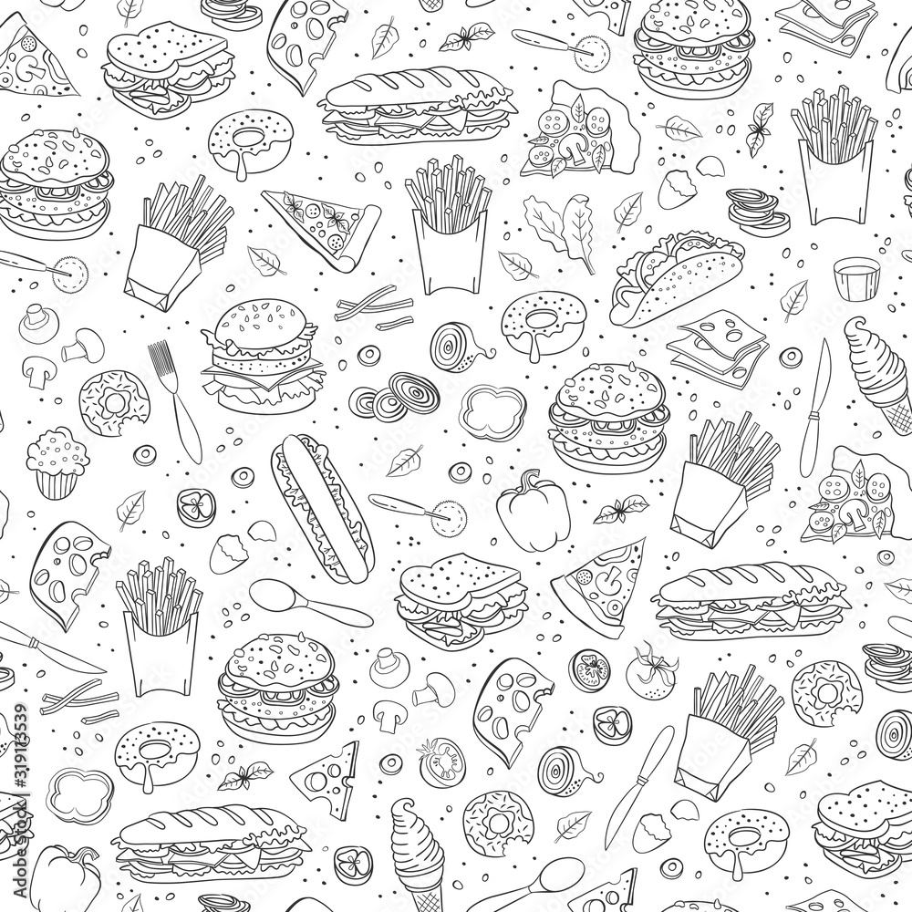 Fast food. Seamless background. Vector fast food pattern.