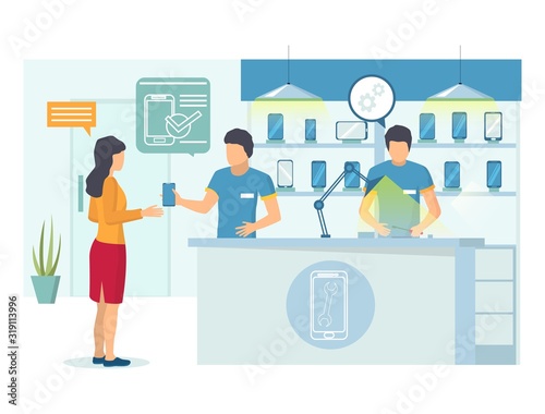Mobile phone service center, vector flat illustration