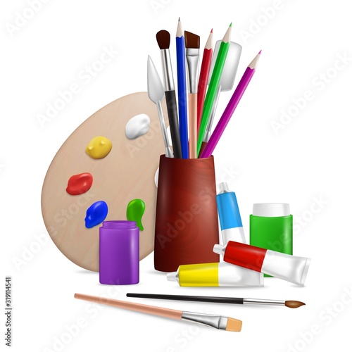 Artist palette with art tools and supplies, vector illustration