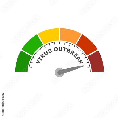 Scale with arrow. Virus outbreak level measuring device icon. Sign tachometer, speedometer, indicators. Colorful infographic gauge element. 3D rendering