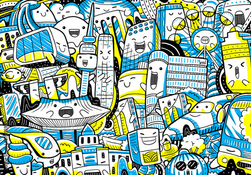 Seoul cityscape doodle in cute hand drawn style.