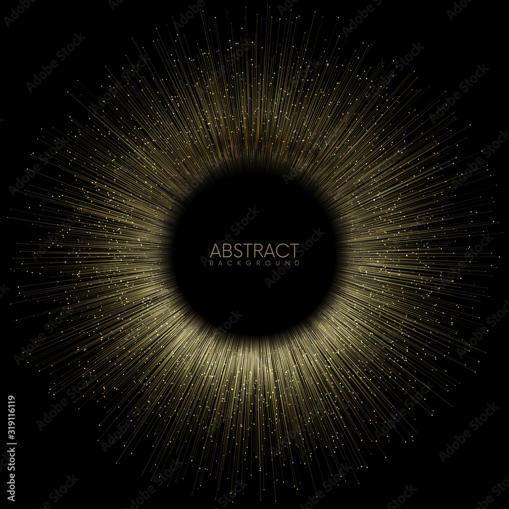 Gold rays or lines with glowing particles fly out of black hole. Easy to change colors