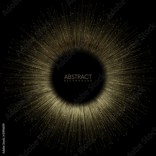 Gold rays or lines with glowing particles fly out of black hole. Easy to change colors