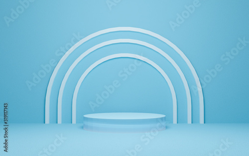 Abstract pastel geometric shape group set background. 3D blue and white podium scene with pedestal. Empty showcase for advertising. Minimal 3d render design for display product and banner on website.