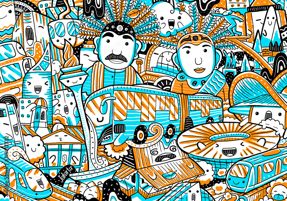 Jakarta cityscape doodle in cute hand drawn style.