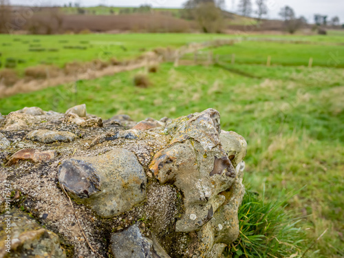  Selective focus on a section of stone wall at the ruins of the Roman town in Caistor St Edmond in the county of Norfolk
