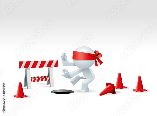 Cute little Simplified man walking blind with eye covered with red ribbon and come to a under construction site