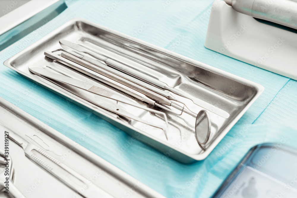 Dentist tools. Dentist workplace equipment set. Health and medicine. Close-up Dentist tools. Dentist workplace equipment set. Health and medicine. Close-up